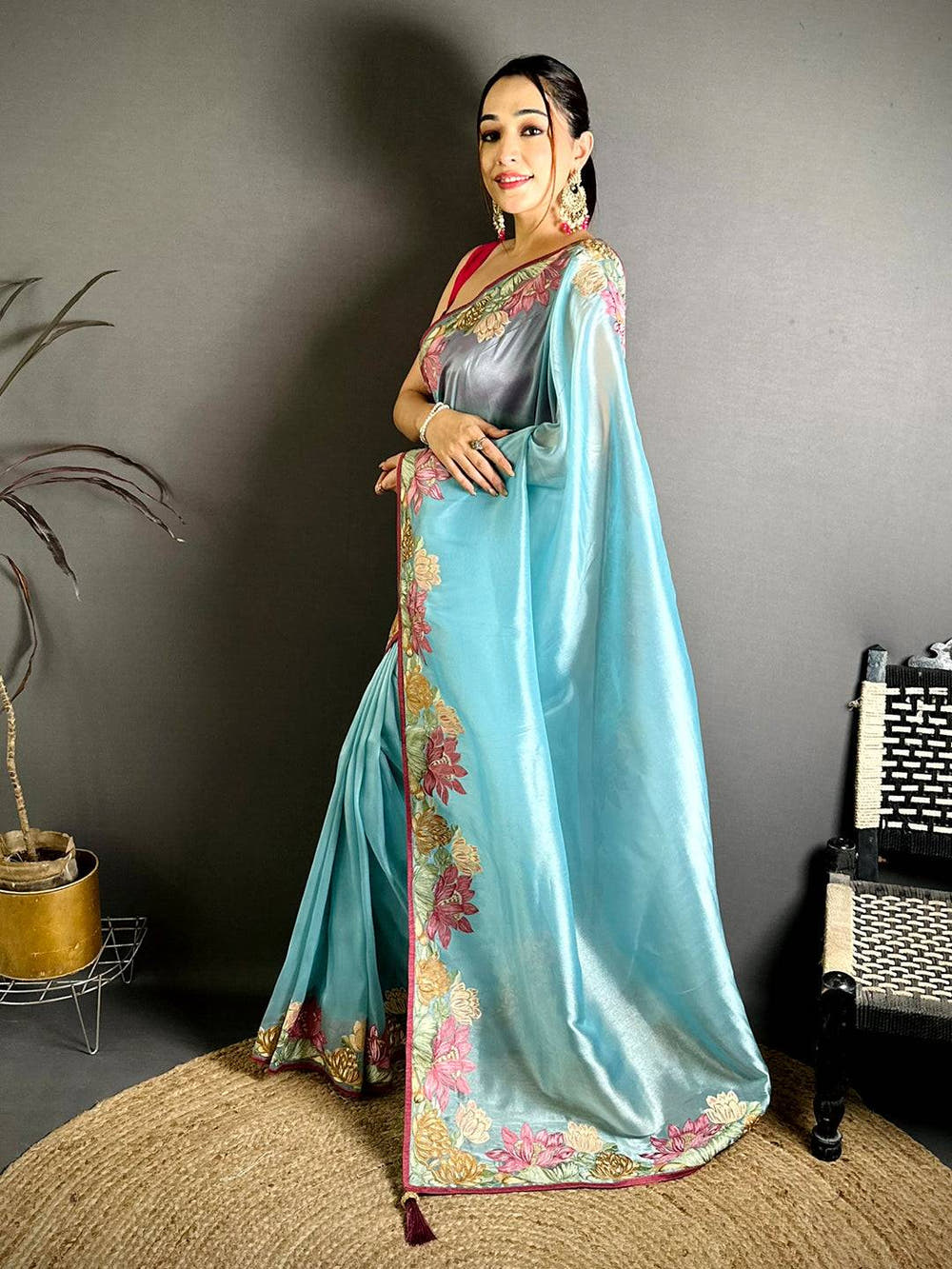 Sky Blue Silky Tissue Resham Border Saree