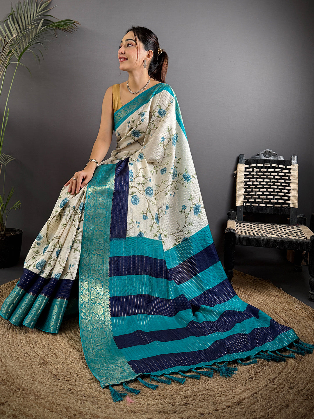 Blue Soft Dola Silk Zari Katha Saree