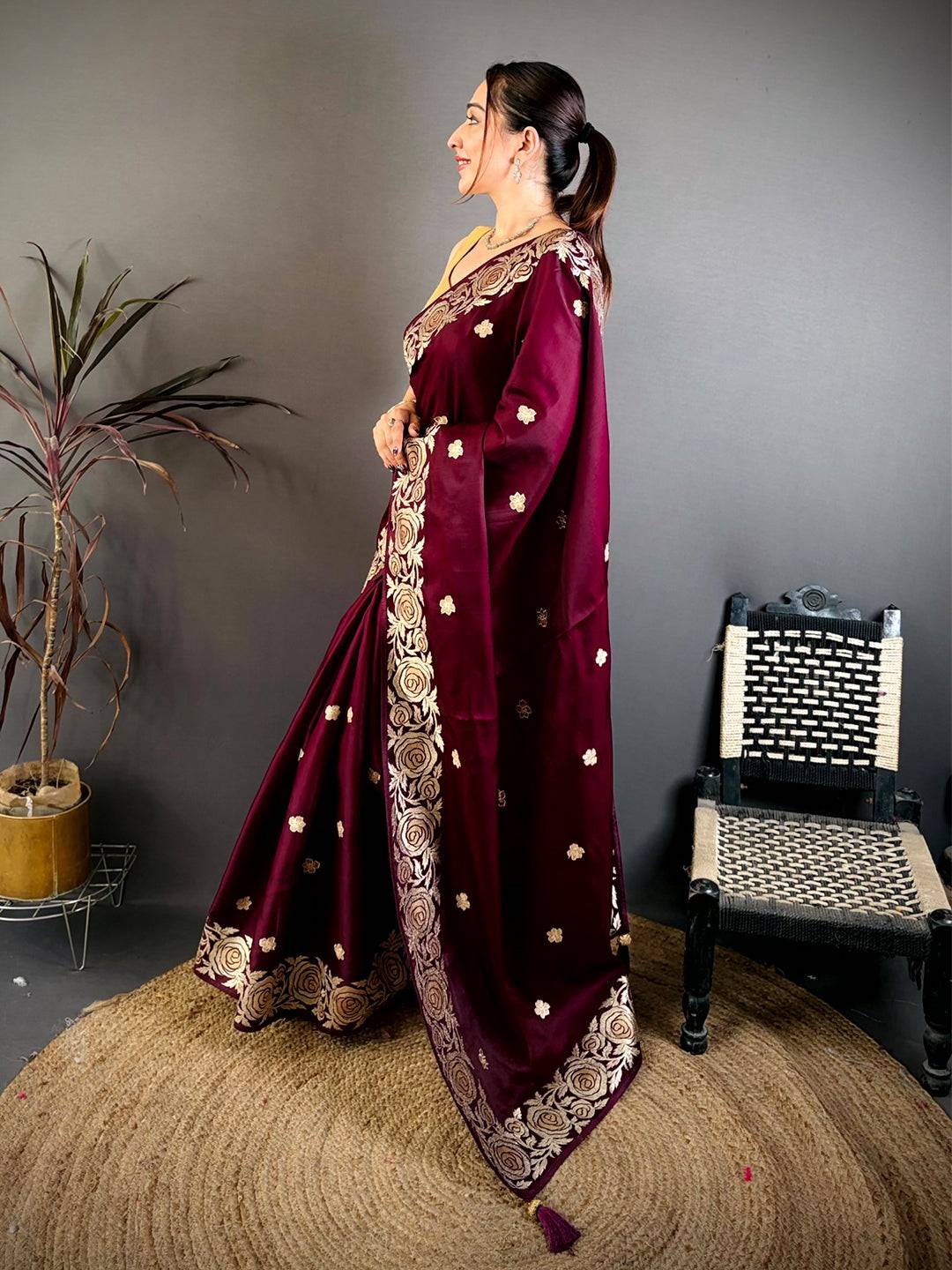 Wine Aari Jhalar Tussar Satin Saree