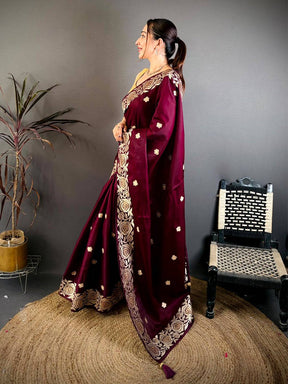 Wine Aari Jhalar Tussar Satin Saree