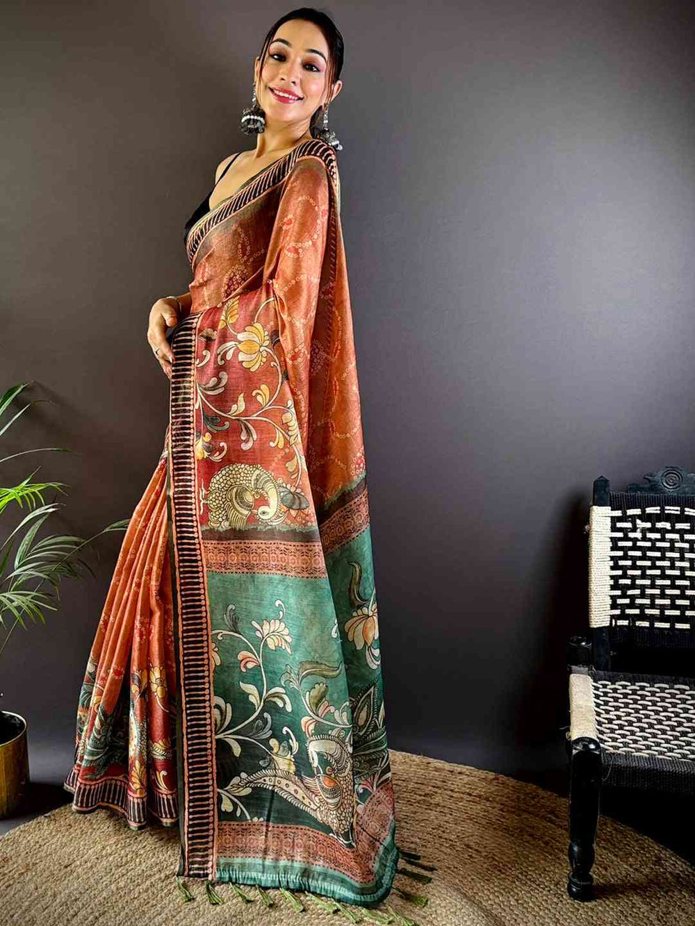Light Brown Floral Chanderi Saree