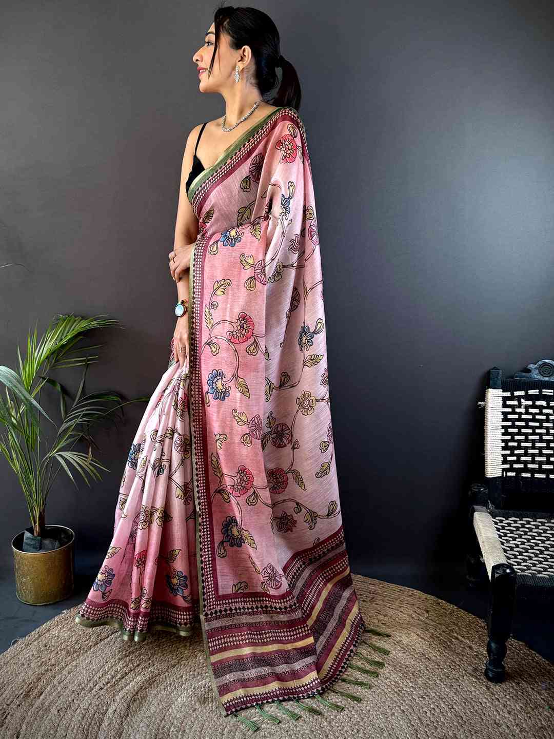 Rose Pink Zari Tussar Floral Saree

