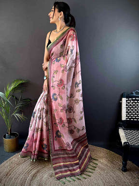 Rose Pink Zari Tussar Floral Saree

