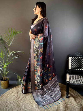 Dark Grey Kota Doriya Zari Weave Digital Print Saree