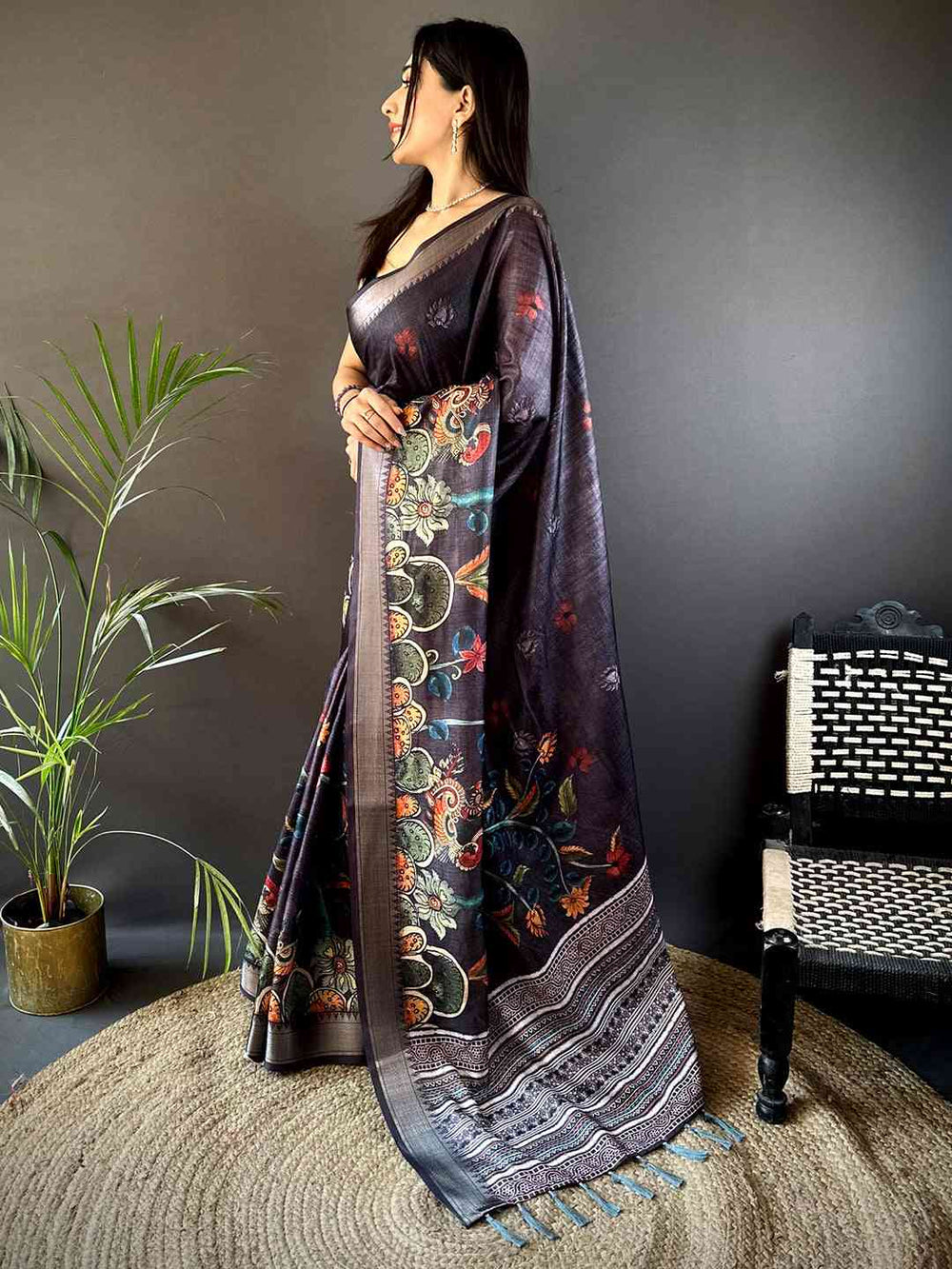 Dark Grey Kota Doriya Zari Weave Digital Print Saree