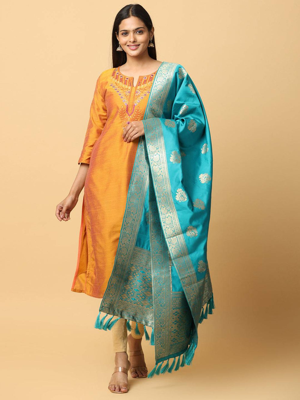 Elegant Rama silk blend dupatta with intricate woven patterns