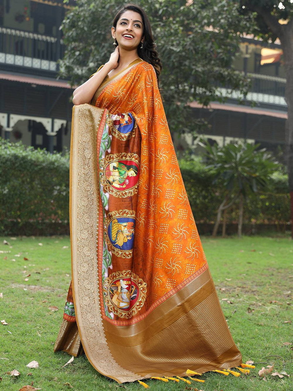 Orange Pure Viscose Dola Silk Saree with Mughal Print Saree