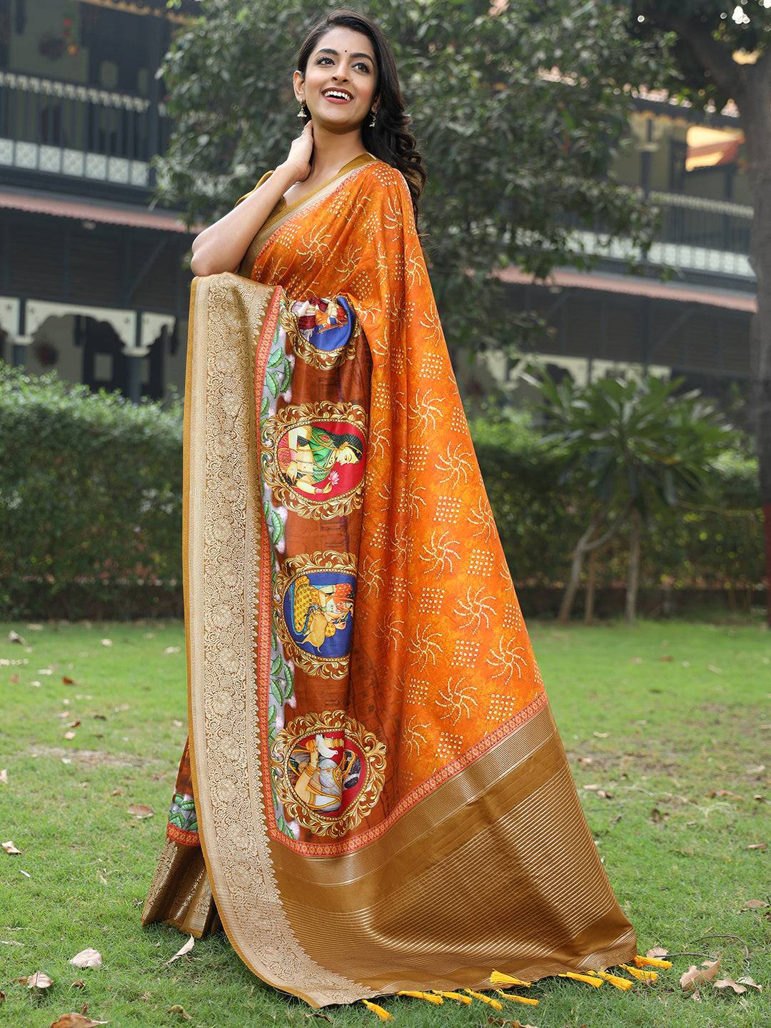 Orange Pure Viscose Dola Silk Saree with Mughal Print Saree