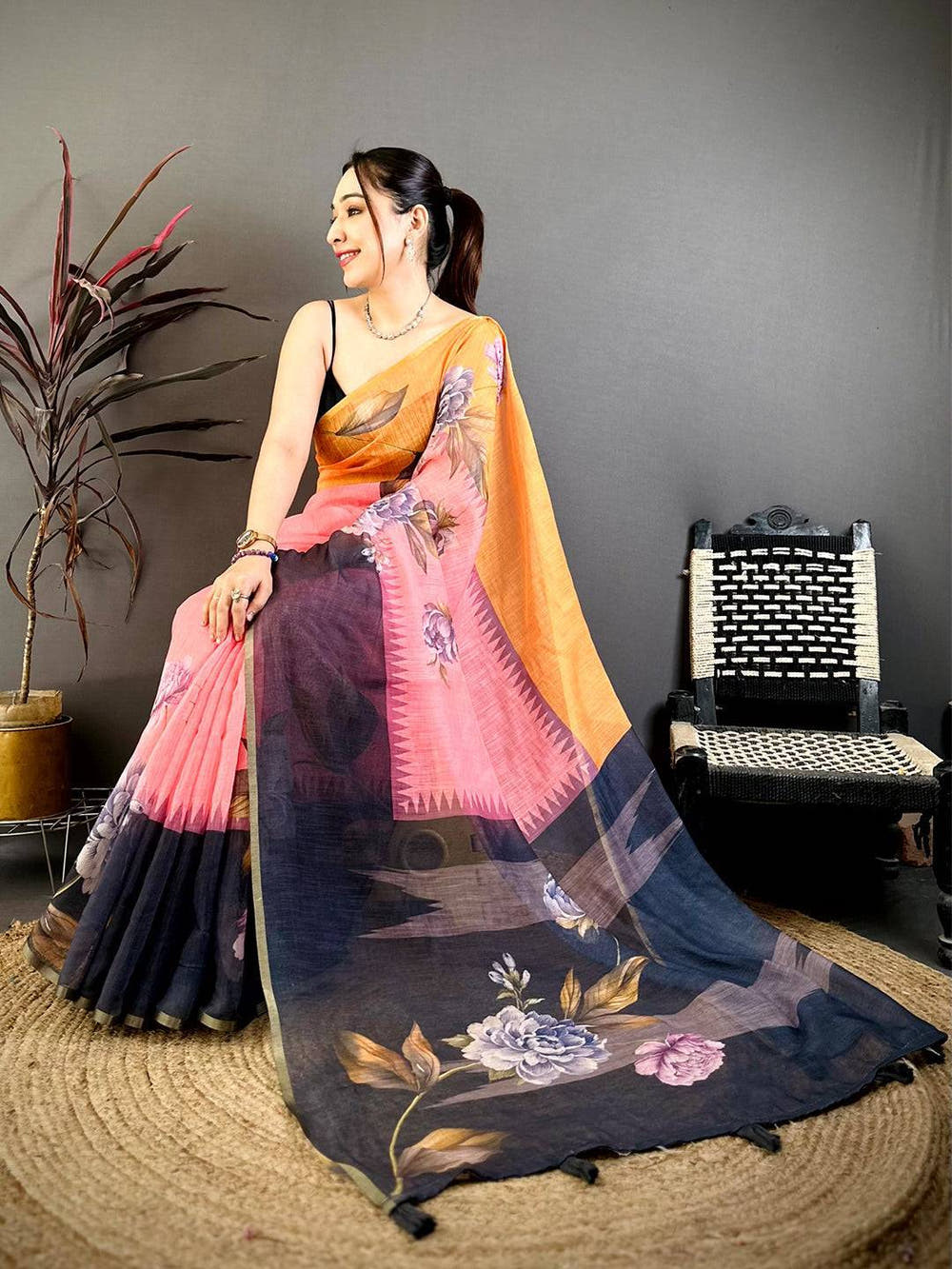 Classic Floral Linen Chanderi Saree