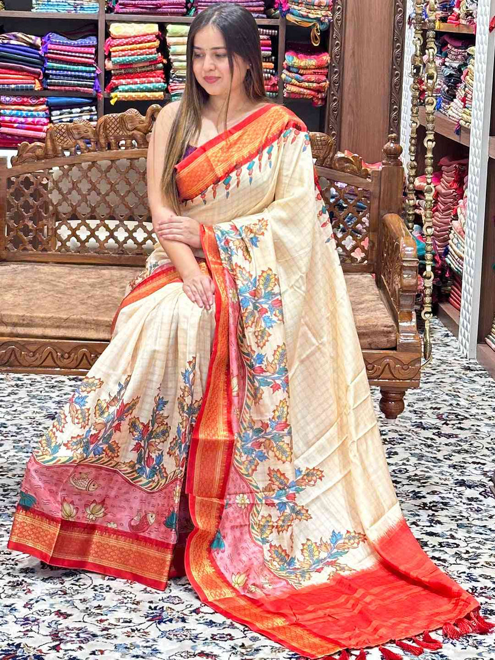 Beautiful Uppada silk saree adorned with Kalamkari print
