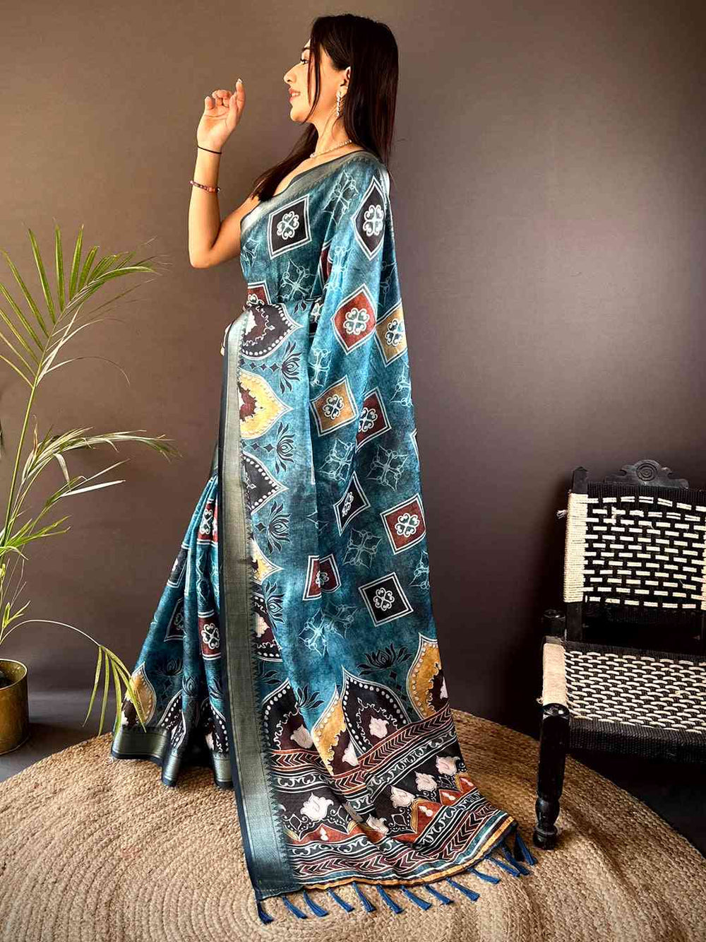 Teal Kota Doriya Zari Weave Digital Print Saree