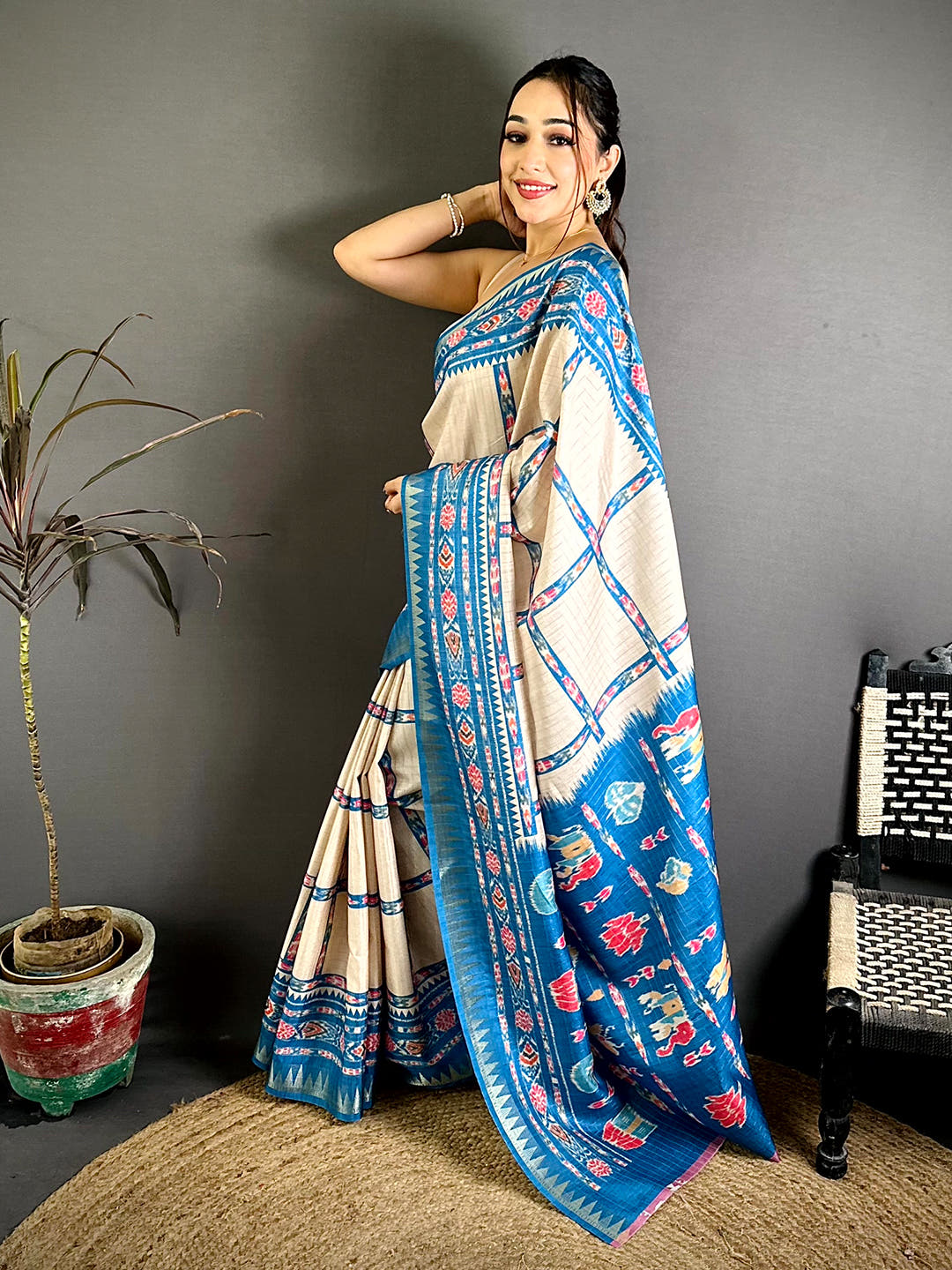 Sky Blue Meenakari Ikkat Print Tussar Saree