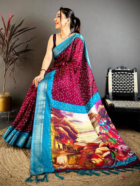 Maroon Bandhej Fusion Dola Print Saree