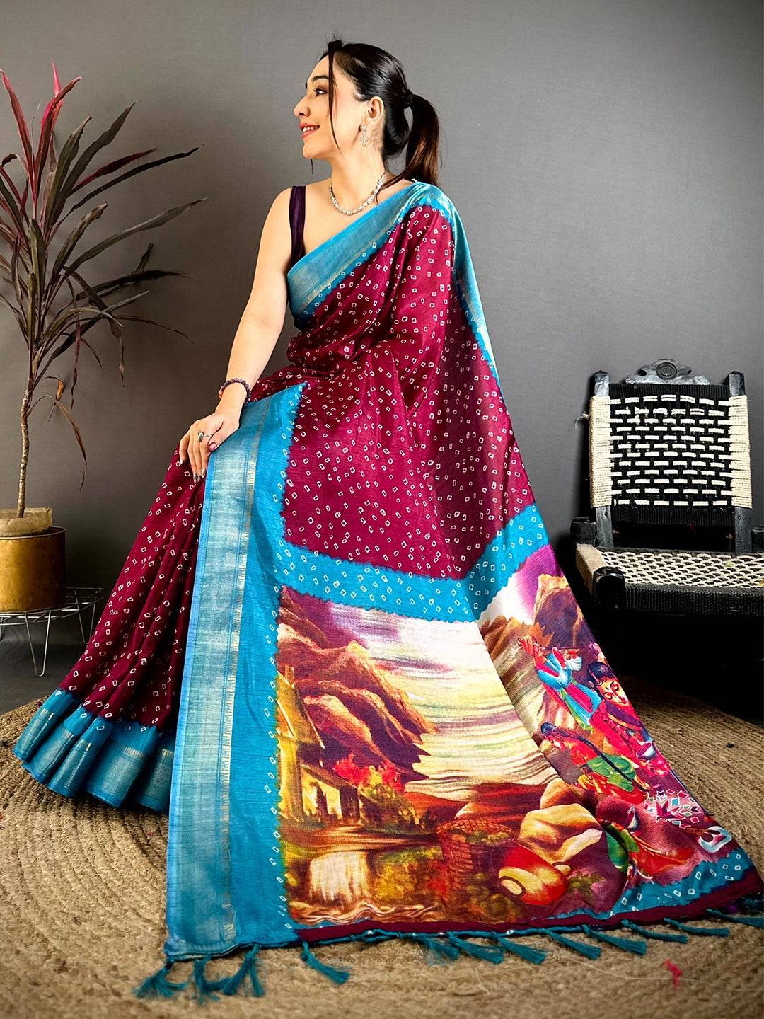 Maroon Bandhej Fusion Dola Print Saree