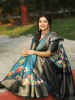 Blue Pure Viscose Dola Silk Floral & Kalamkari Print Saree