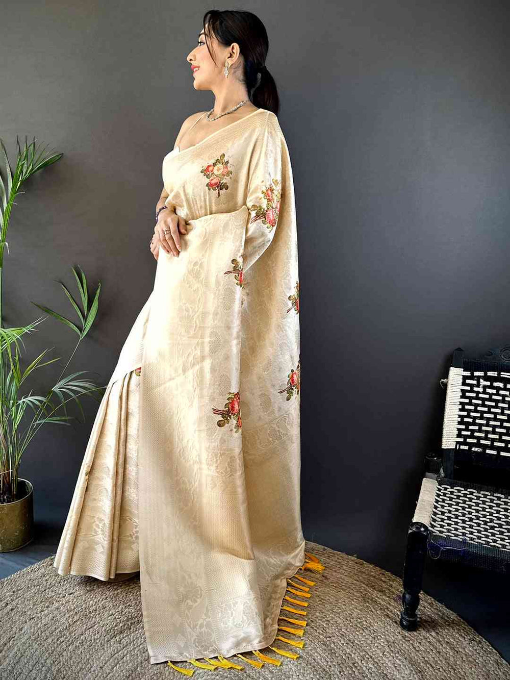 Cream Kanjivaram Digital Silk Saree
