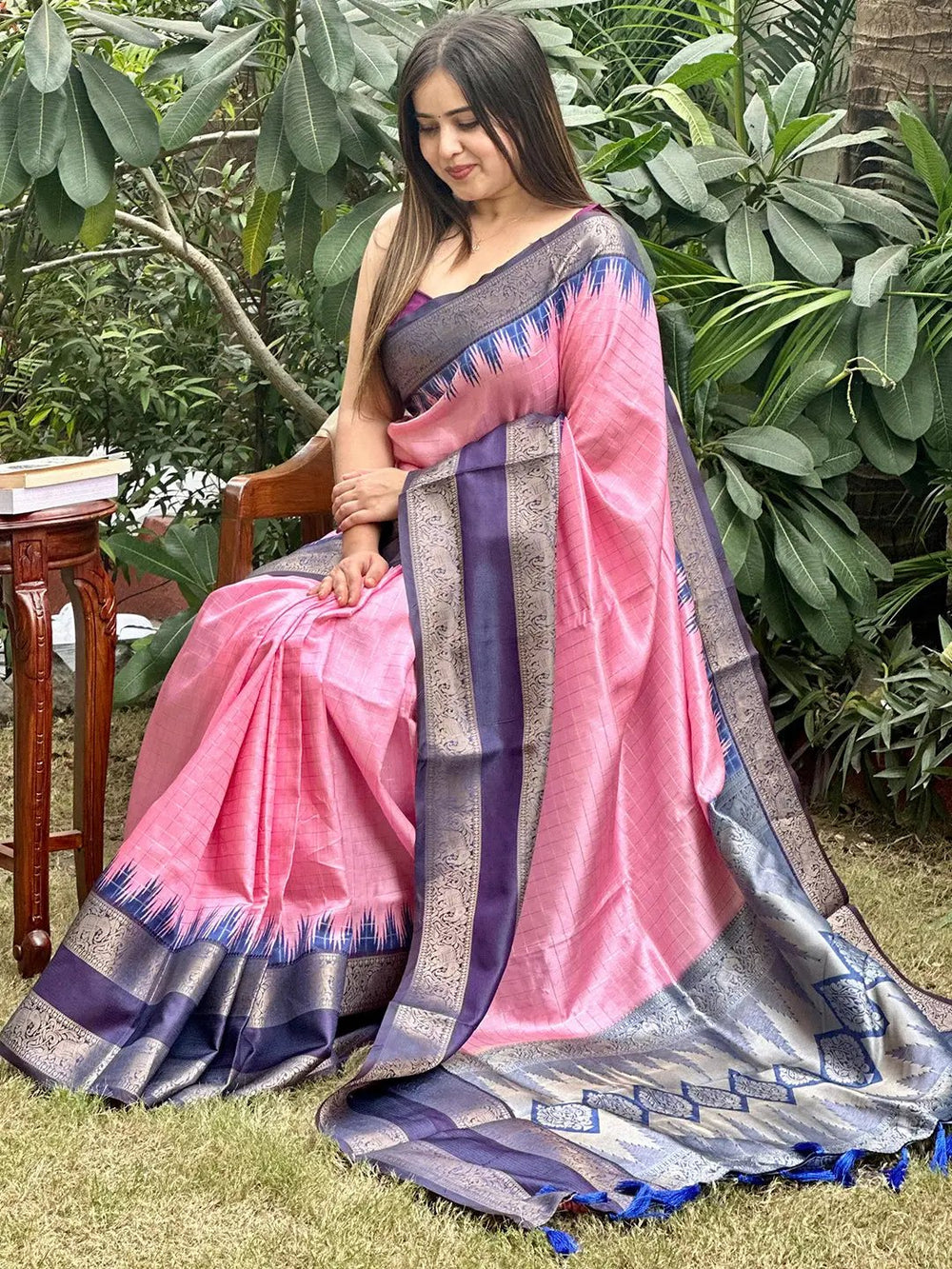 Soft silk saree in pink with blue and gold zari accents