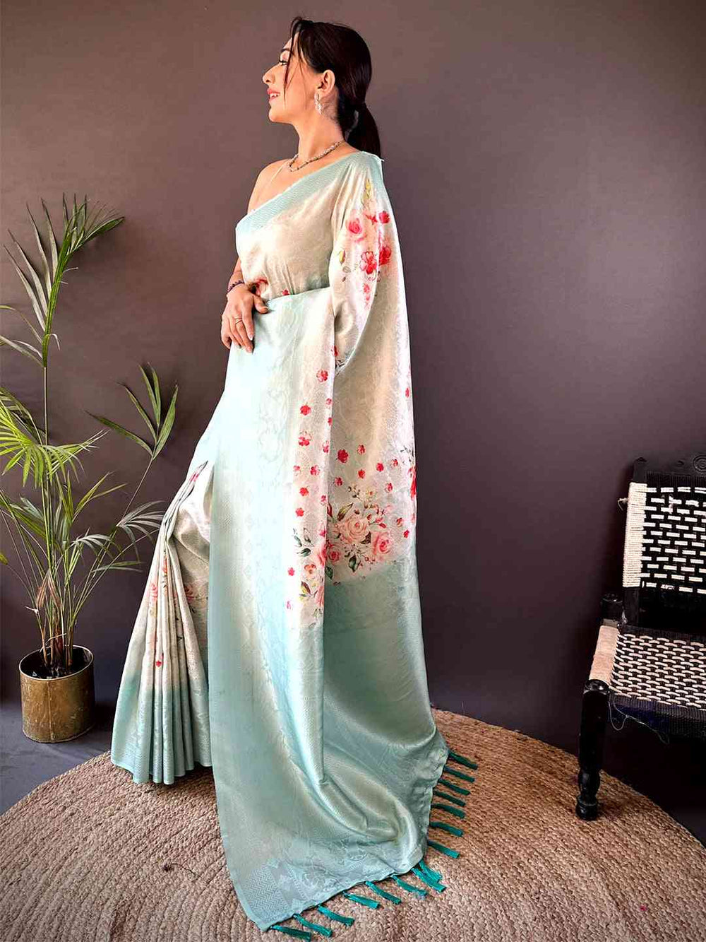 Light Blue Kanjivaram Digital Silk Saree