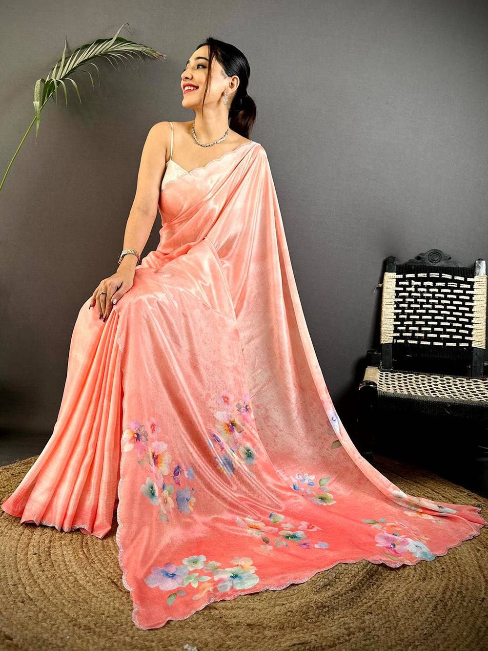 Coral Chinnon Stone Work Floral Saree