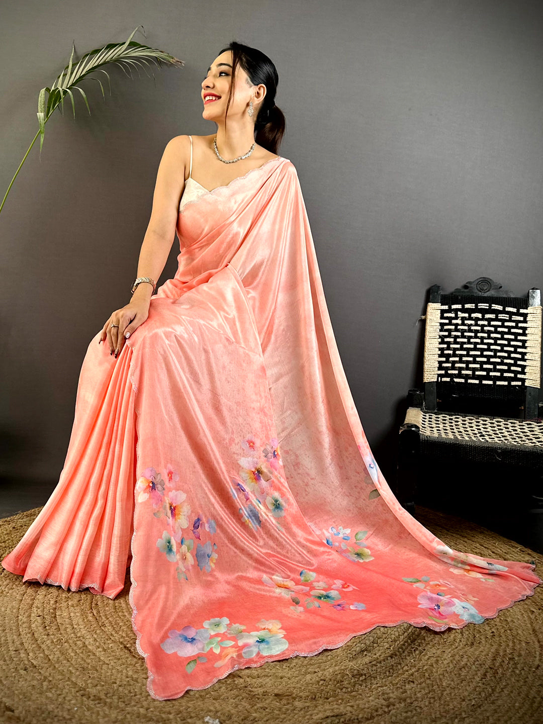 Coral Chinnon Swarovski Floral Saree