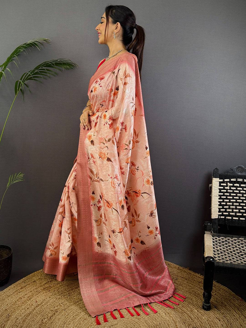 Peach Digital Print Soft Dola Silk Saree