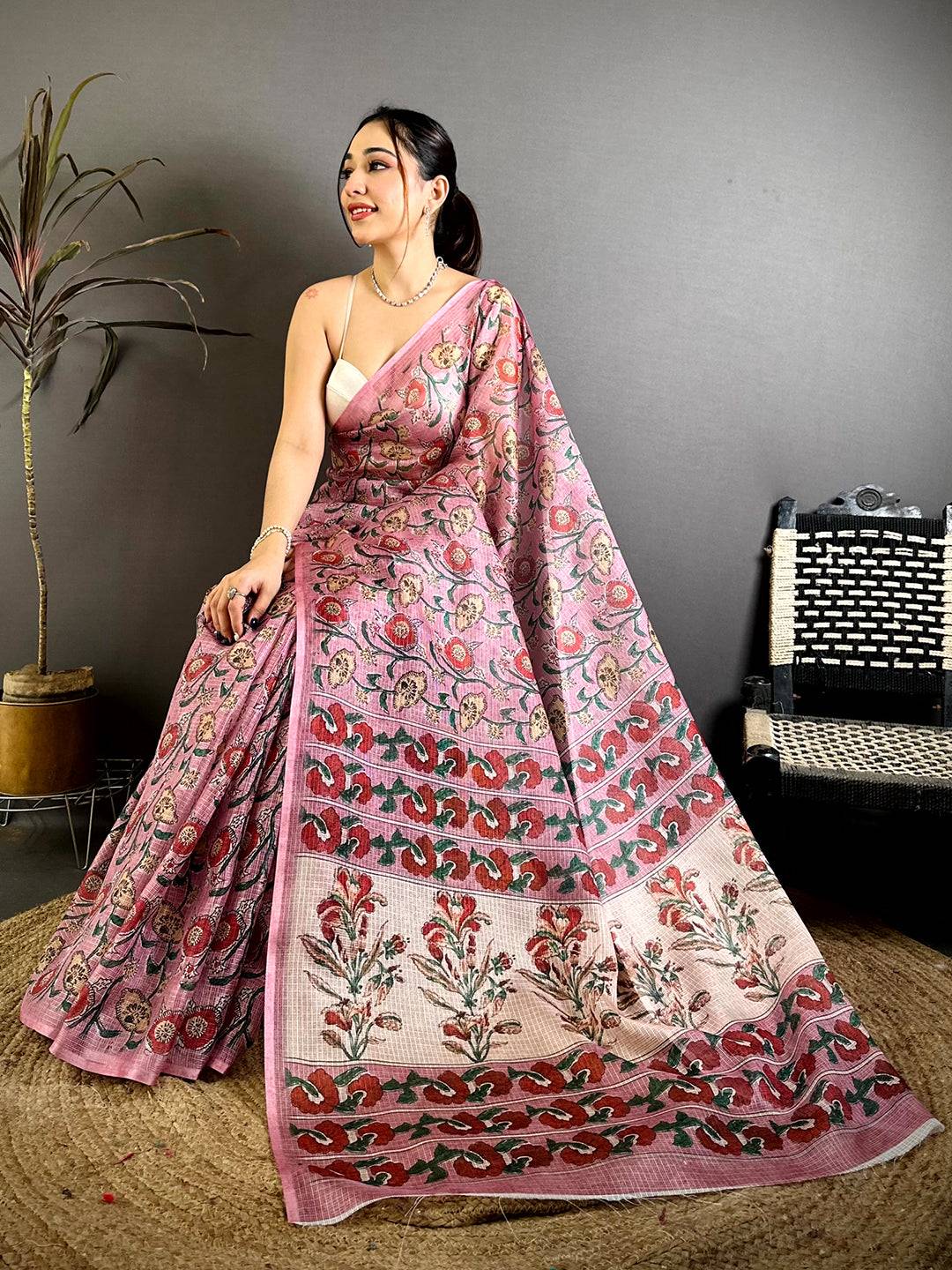 Pink Kota Doriya Floral Print Saree