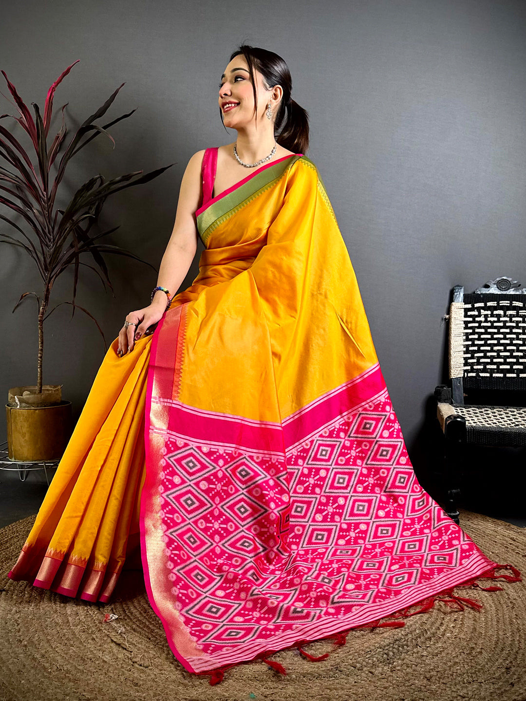 Yellow Ganga Jamuna Ikkat Katan Silk Saree