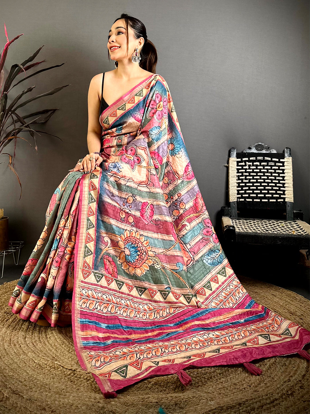 Stylish Tussar Rainbow Striped Saree
