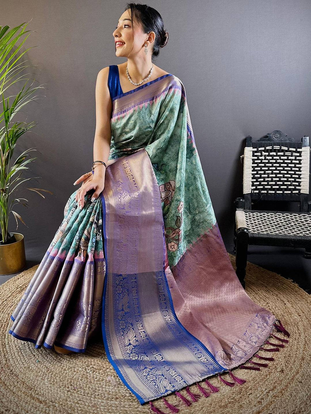 Intricate Aqua Pearl Banarasi Silk Saree