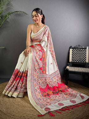 White Soft Silk Pashmina Kashmiri Print Saree