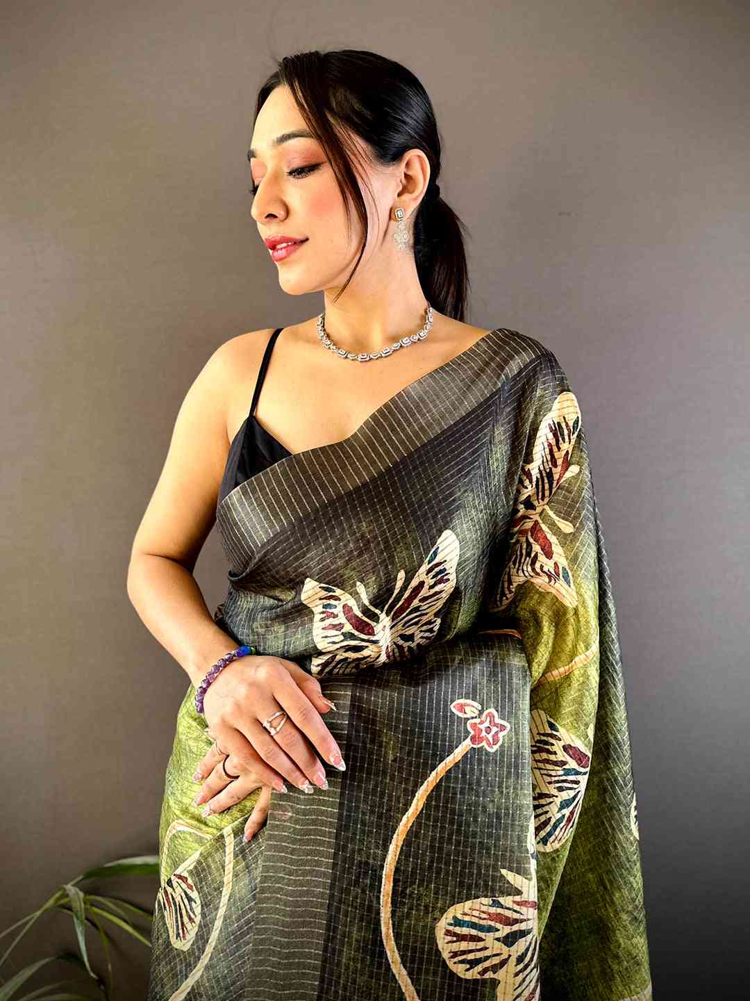 Olive Tissue Chanderi Digital Check Saree