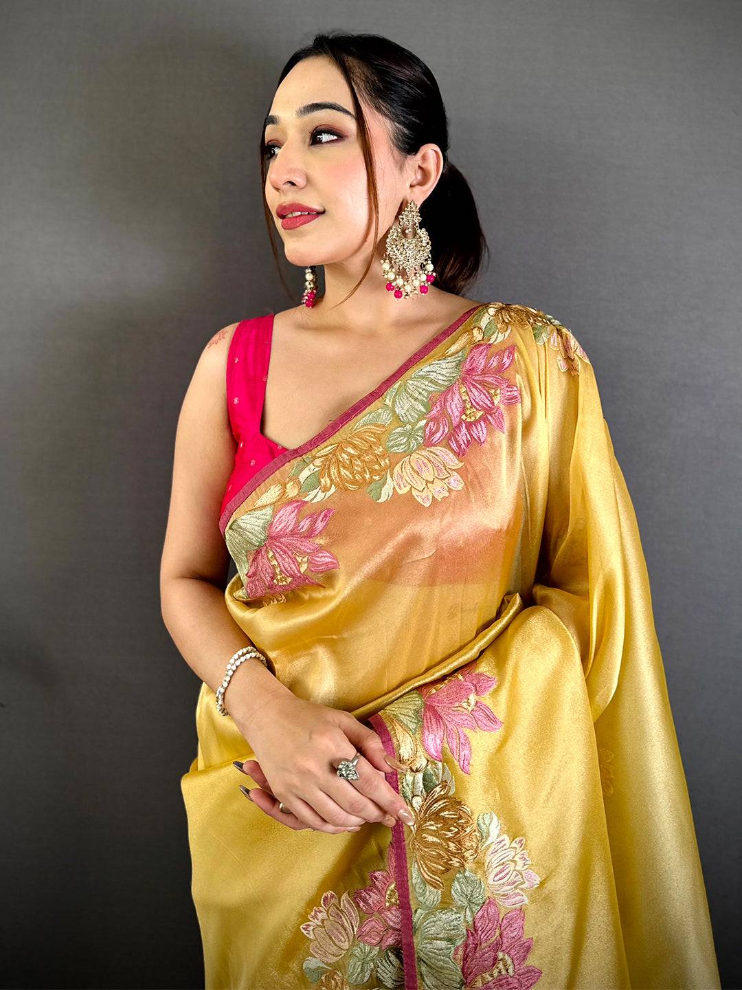 Mustard Silky Tissue Resham Border Saree