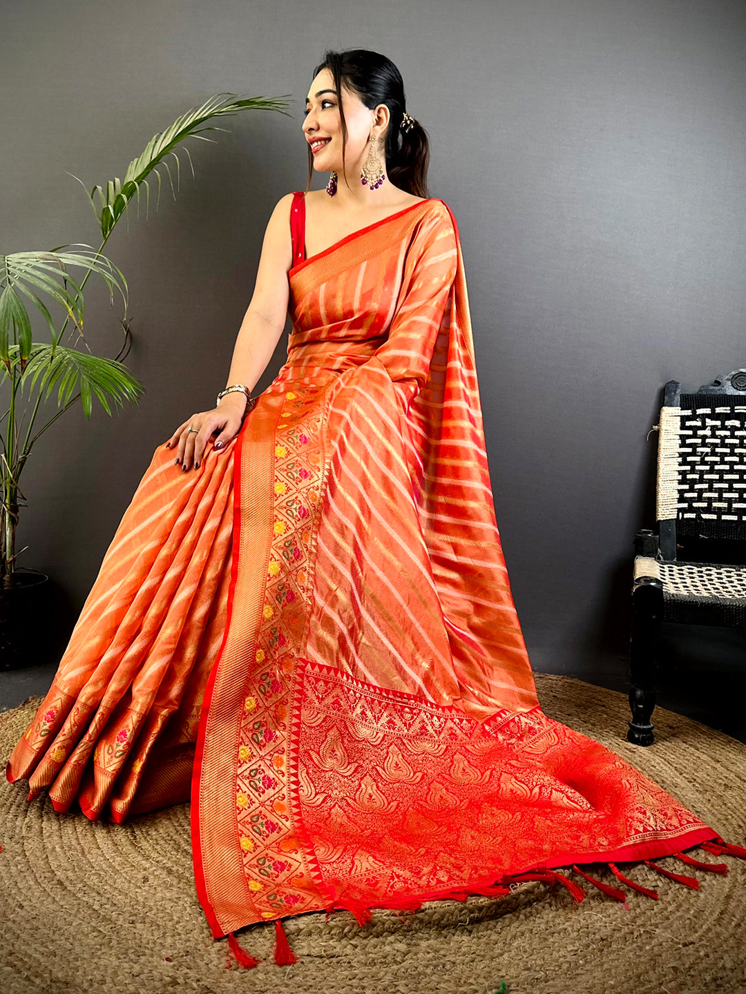 Peach Banarasi Lehriya Katan Silk Saree