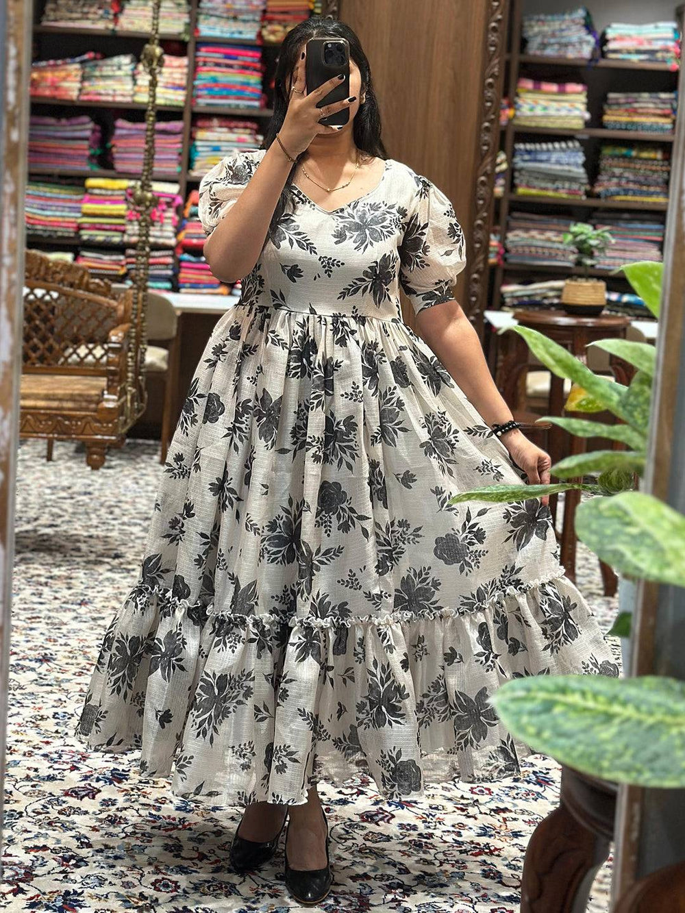 Snow White Puff Sleeves Midi Dress with floral pattern