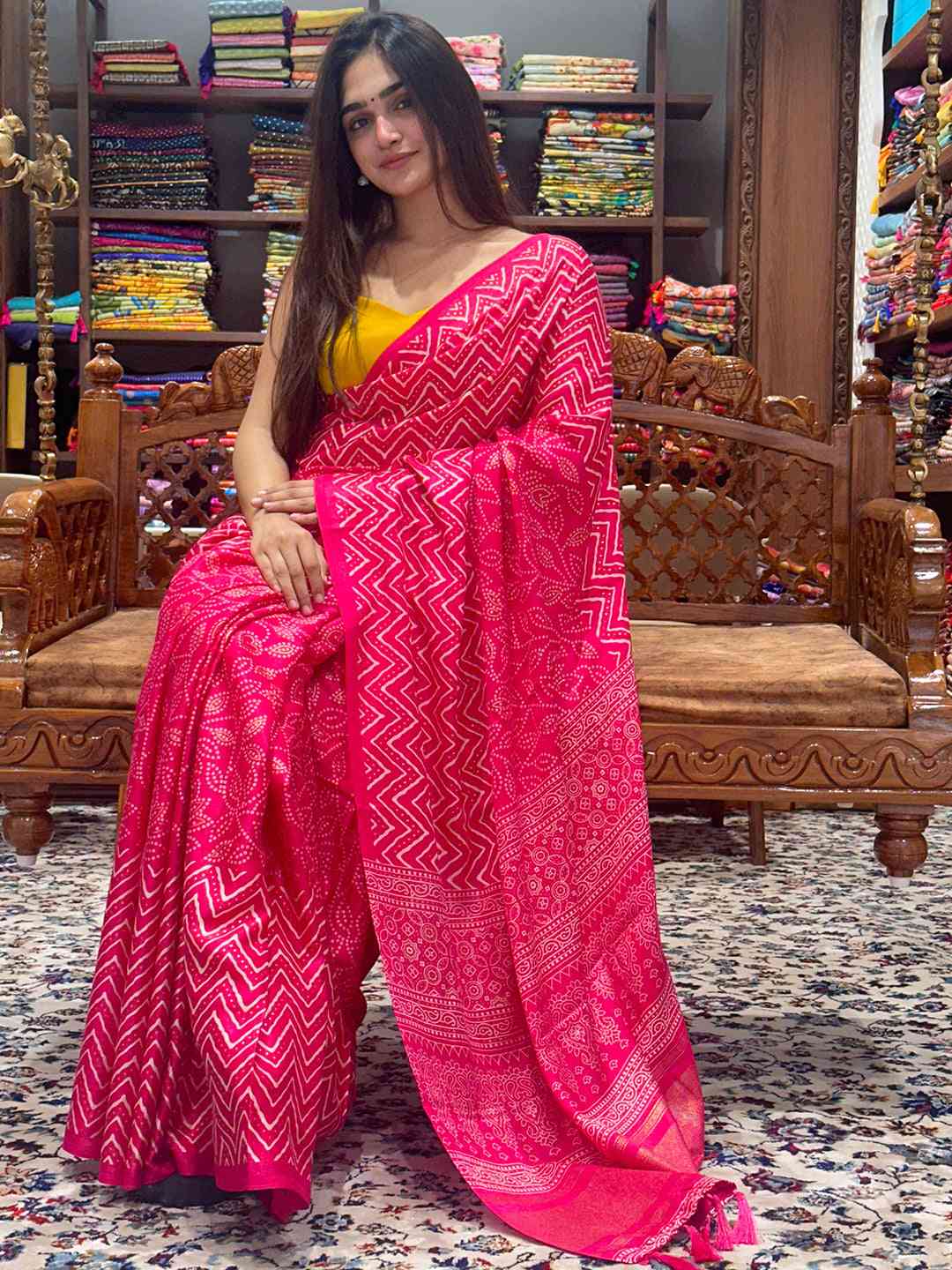 Exclusive Manipuri Silk Saree with Foil Print, seated view