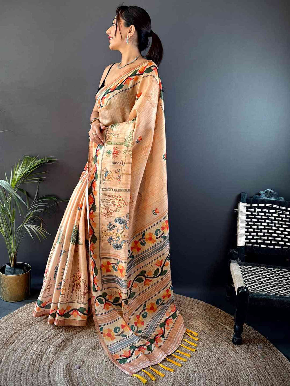 Beige Jungle Floral Zari Tissue Saree