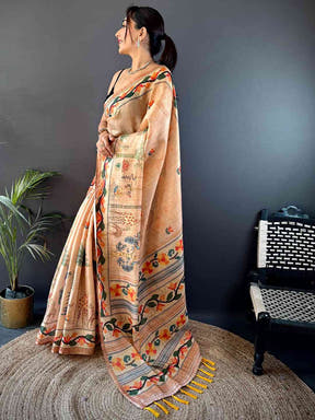 Beige Jungle Floral Zari Tissue Saree
