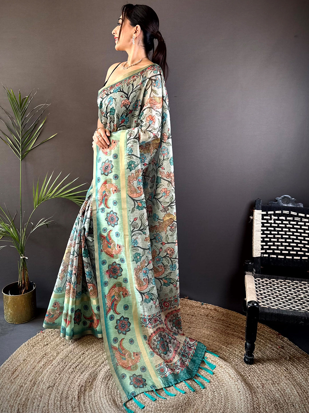 Pista Floral Kalamkari Chanderi Cotton Saree
