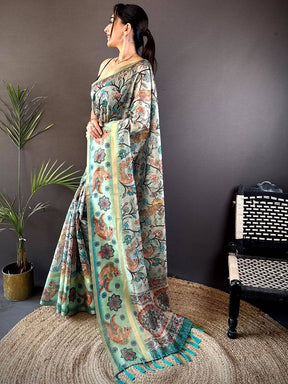 Pista Floral Kalamkari Chanderi Cotton Saree