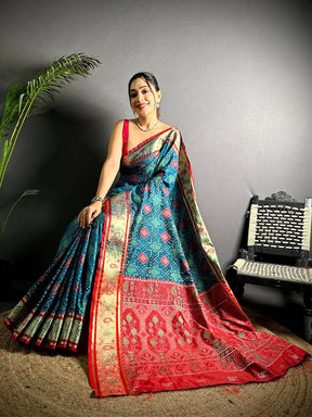 Denim Blue Soft Silk Saree With Patola Weaving

