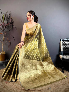 Olive Glass Crush Tissue Leheriya Saree