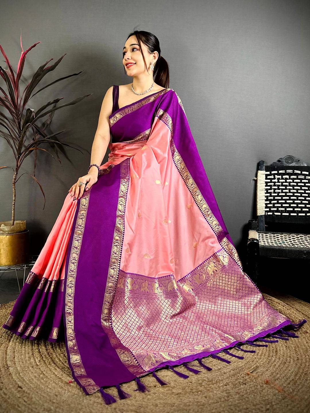 Peach Gadwal Pure Soft Silk Saree