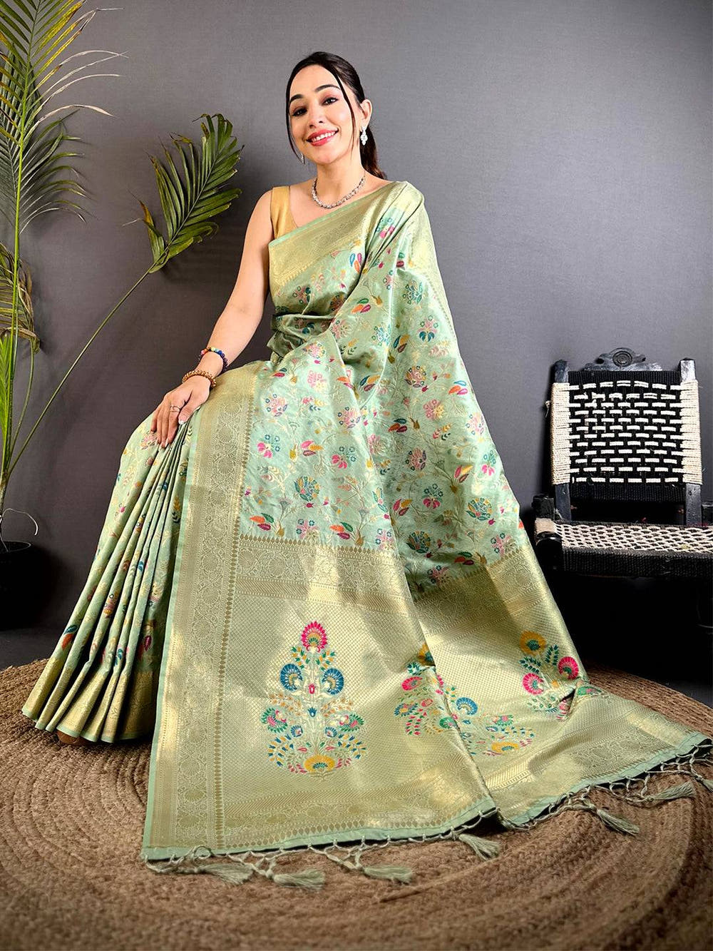 Pista Banarasi Minakari Floral Silk Saree