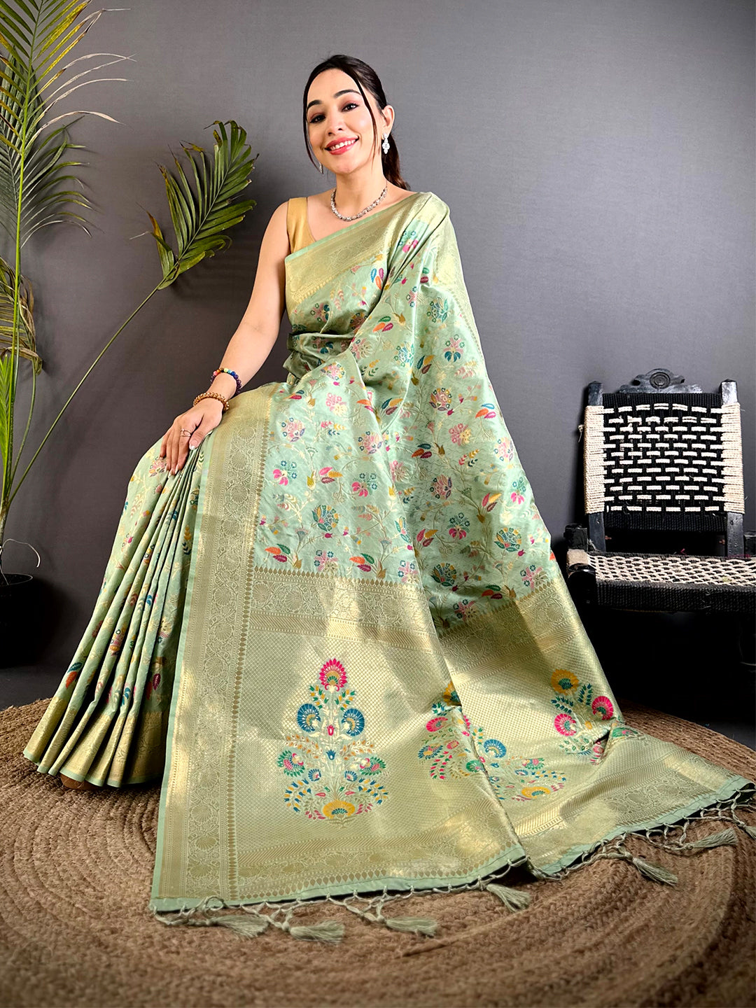 Pista Banarasi Minakari Floral Silk Saree