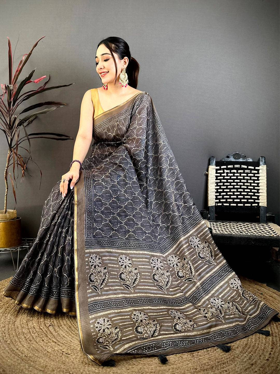 Grey Ajrakh Digital Print Kota Saree