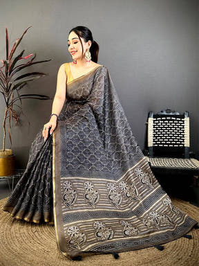 Grey Ajrakh Digital Print Kota Saree