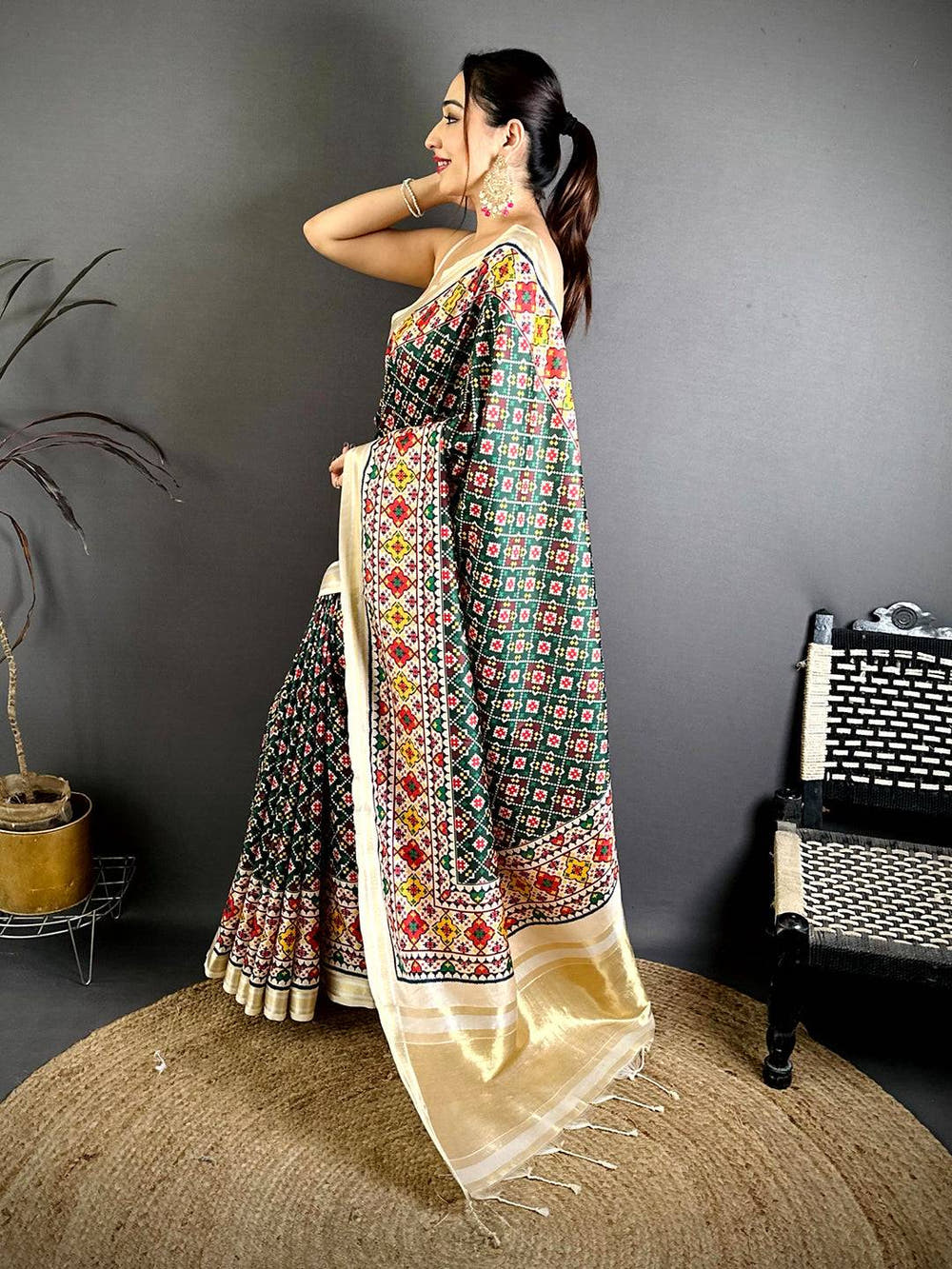 Green Ethnic Digital Ikkat Kanchi Saree