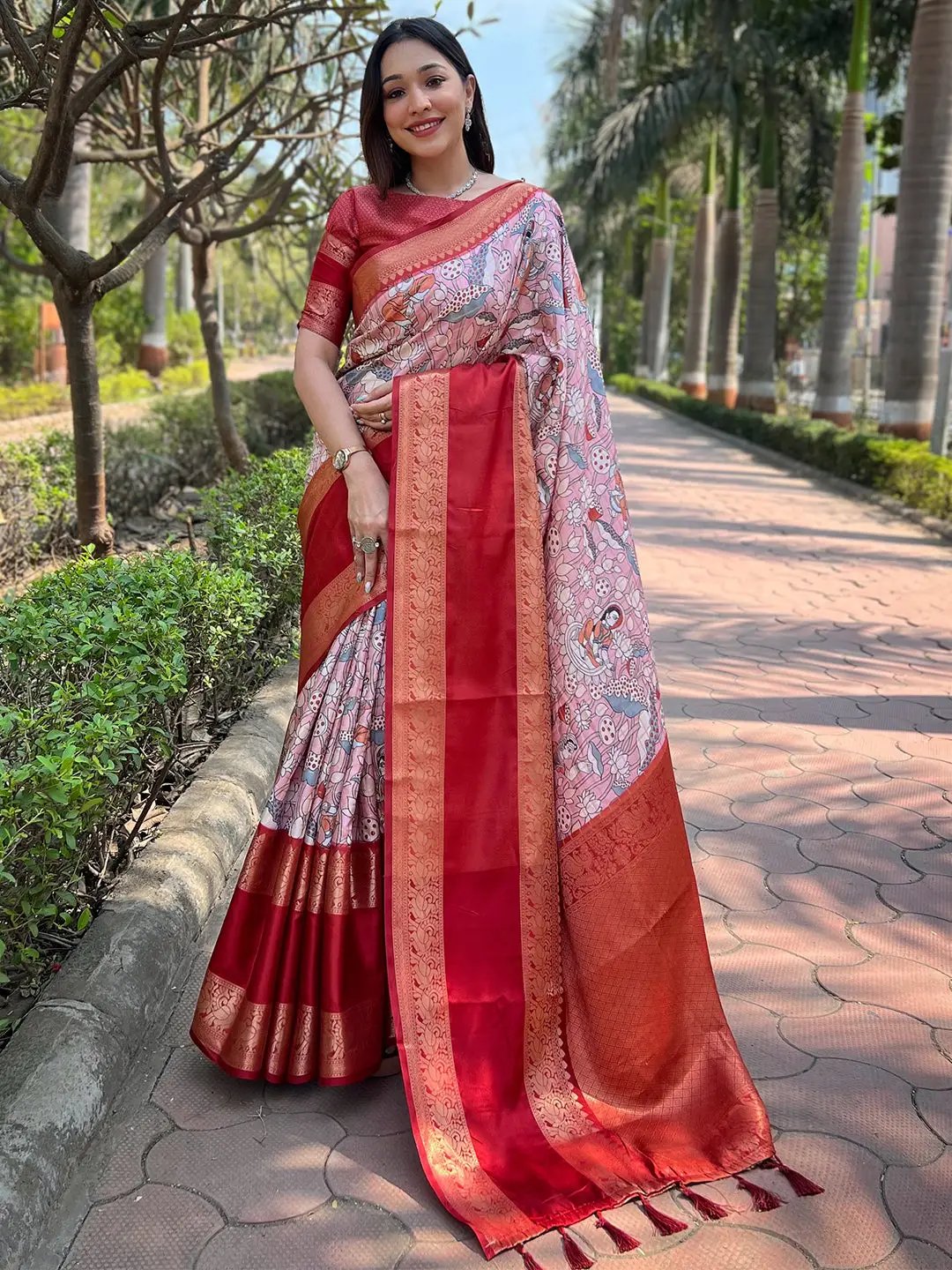 Elegant pink Banarasi silk saree with double border design