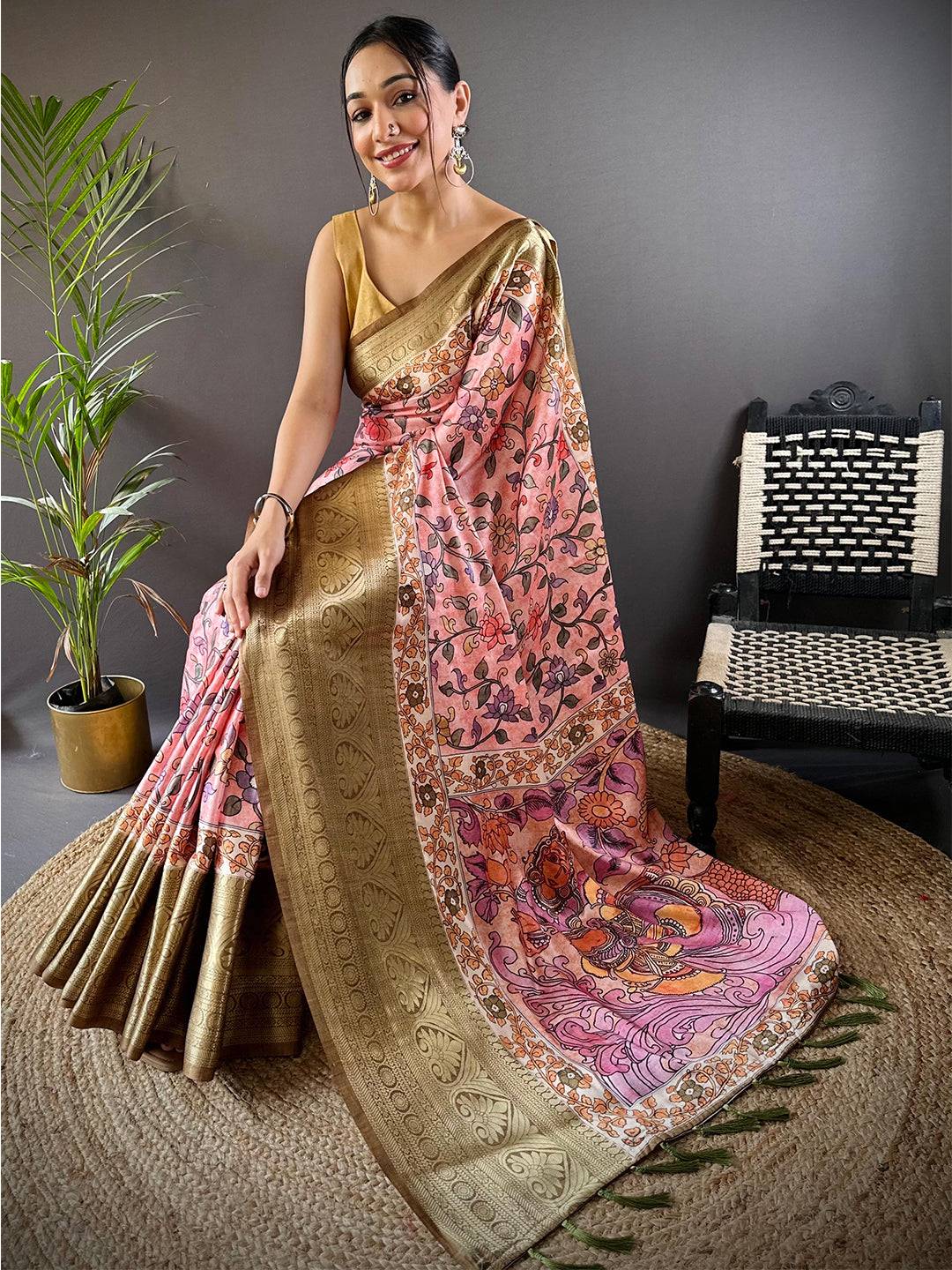 Peach Floral Kalamkari Print Saree