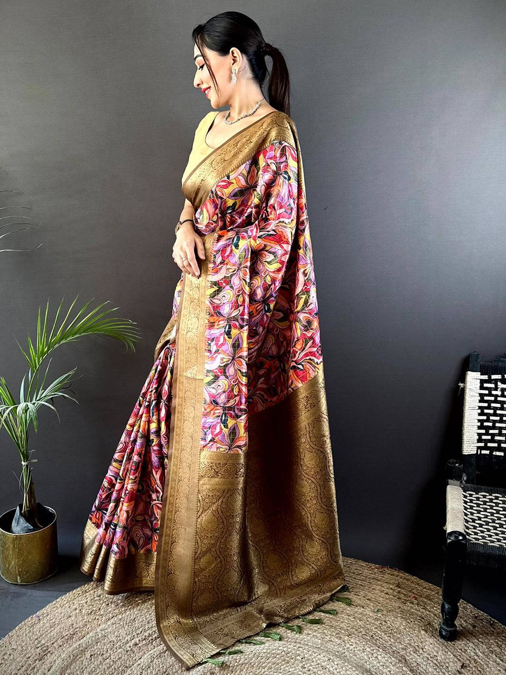 Brown Soft Gadwal Pattu Geometric Saree